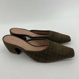 MUNDIAL Braided Woven Suede Mules Womens 7/38 Olive Green Block Heel Square Toe